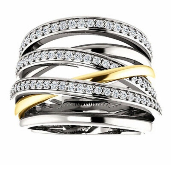 NWT 925 STERLING SILVER TWO TONE DIAMOND RING - Picture 1 of 4